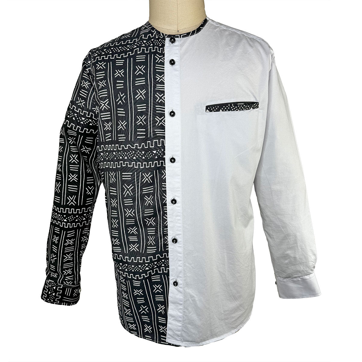 White Shirt with Black Mali Patch Pattern African Print Shirt