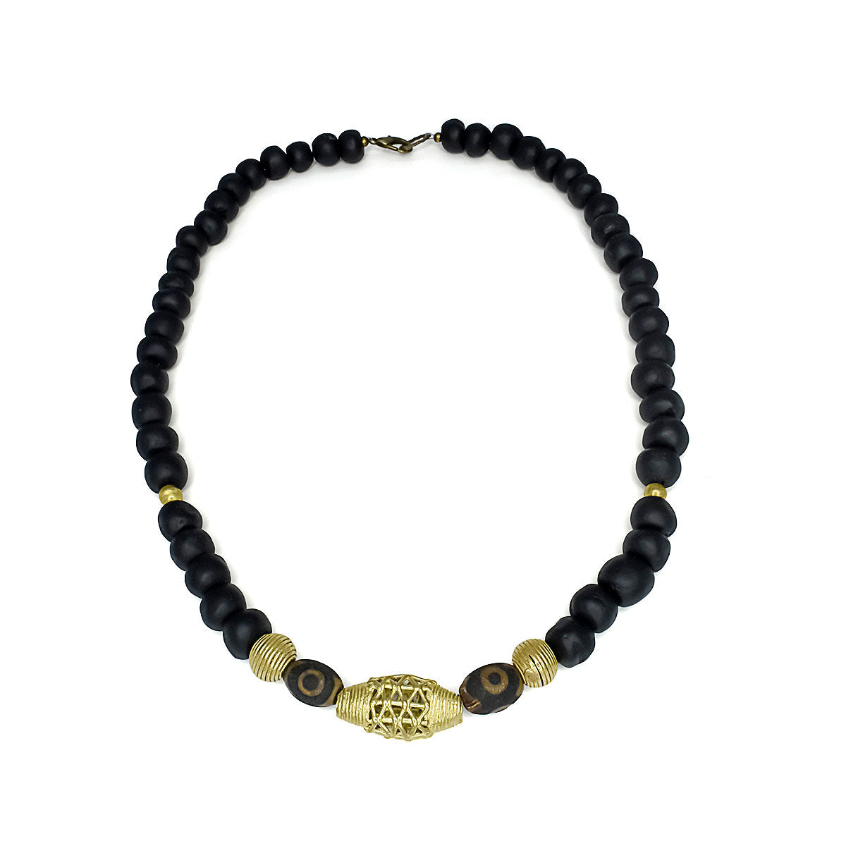 African Wound Brass Bead and Black Glass Krobo Bead Necklace
