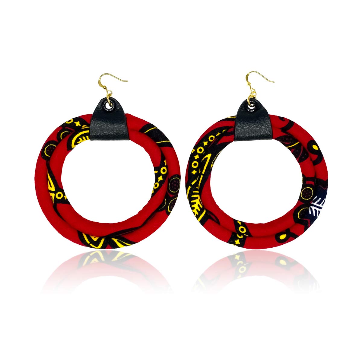 Boucles D'oreilles Pendantes Tissu Coton Perles Bois Rouge Et Noir - Attaches Argent 925 - Neuves