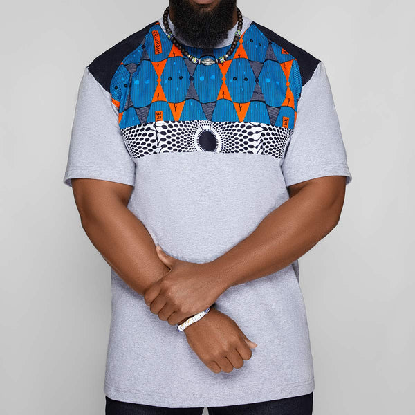 Men's Unisex Gray African Print T-Shirt w/ center Patchwork