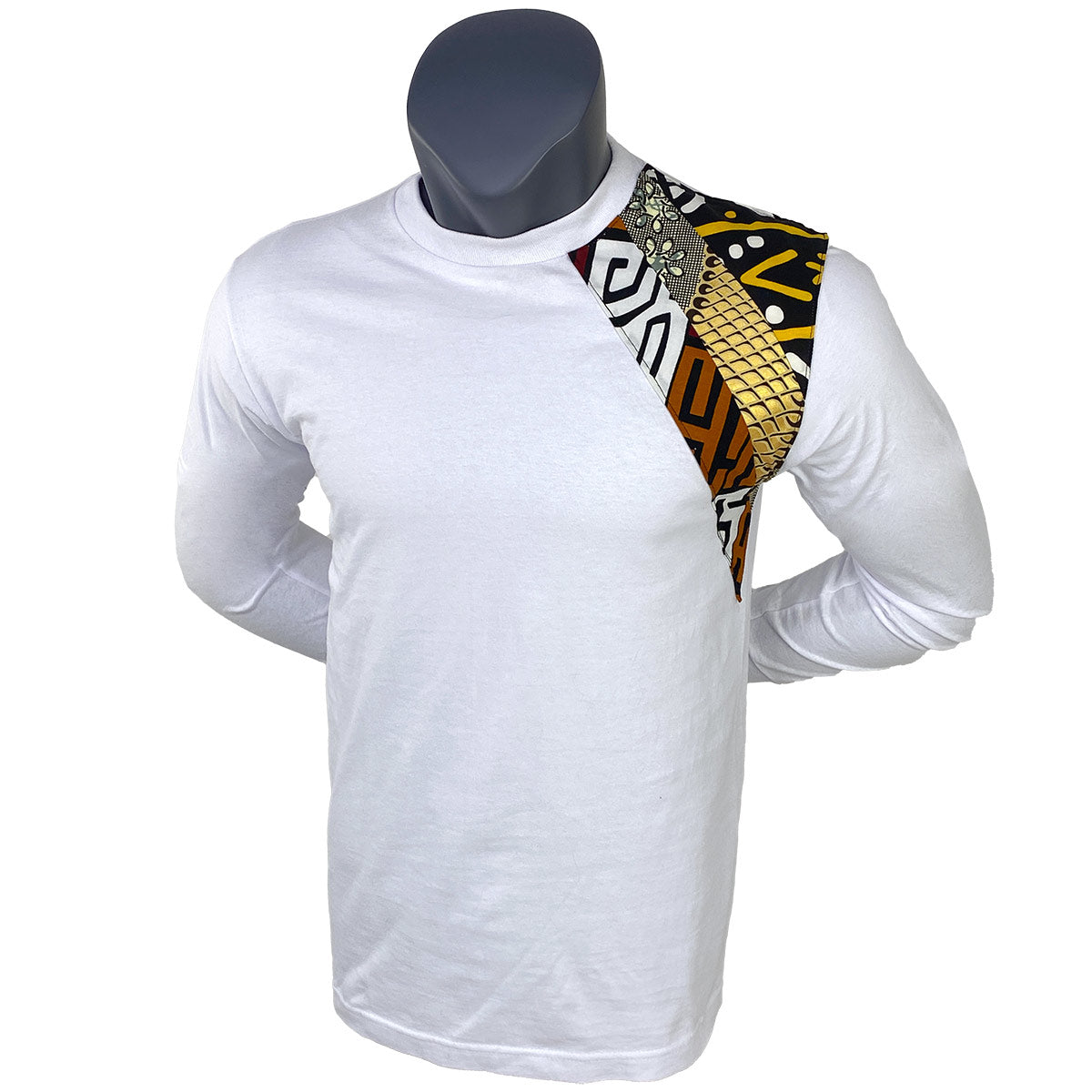 Men's African Print Shoulder Detail T-Shirt | Brown, Yellow, Gold Black Tee | White African T-Shirt | Male / UNISEX  African Shirt |Cloth & Cord